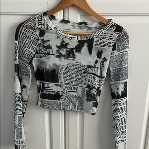 Monochrome Newspaper Print Long Sleeve Top